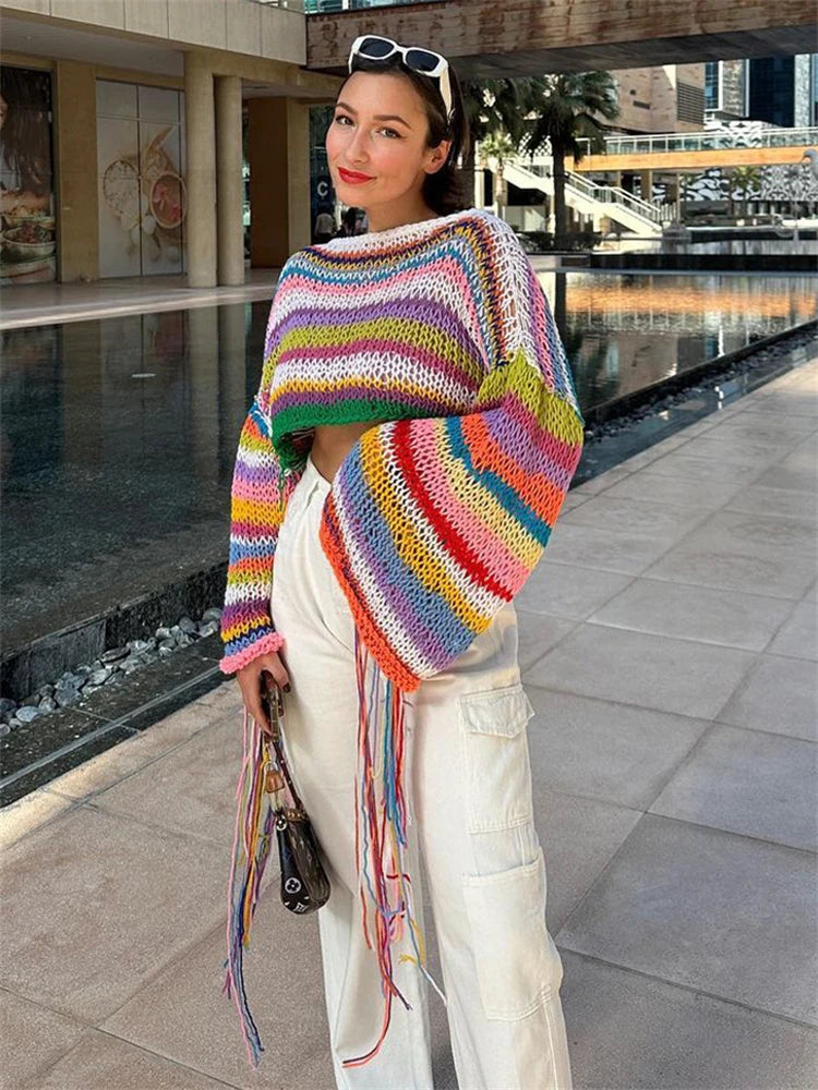 Tassel Contrast Holiday Sweater Pullovers for Loose Flared Sleeve Beach Knit Female Cover Up Pullover Crop Top