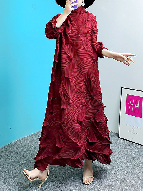 Long Sleeves Loose Pleated Color Stand Collar Maxi Dresses