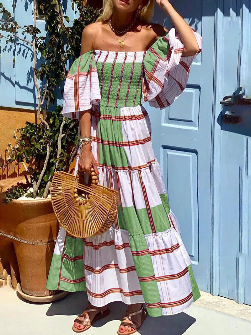 Off Shoulder Ruffle Sleeves Stripes Swing Maxi Dress