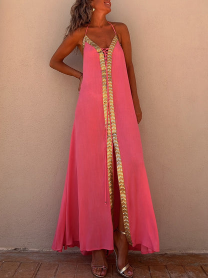 Paneled Sleeveless Lace-up Holiday Maxi Dress