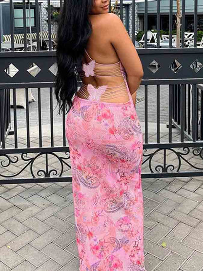 Backless Halter Printed Slim Maxi Dress