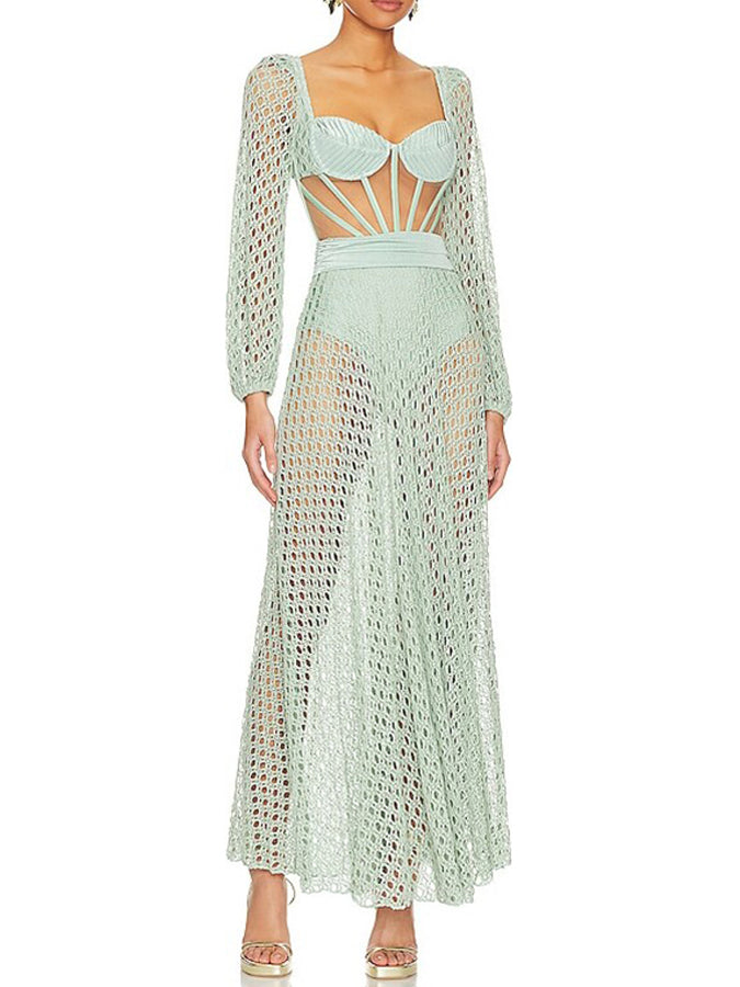 Natural Cutout Stretch-jersey and Crochet-knit Maxi Dress