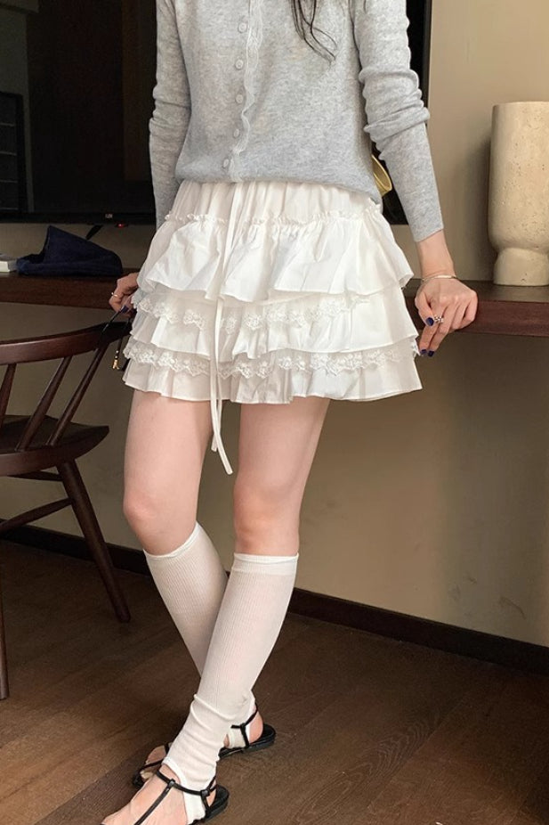 High Waist Tiered Ruffle a Line White Mini Skirt
