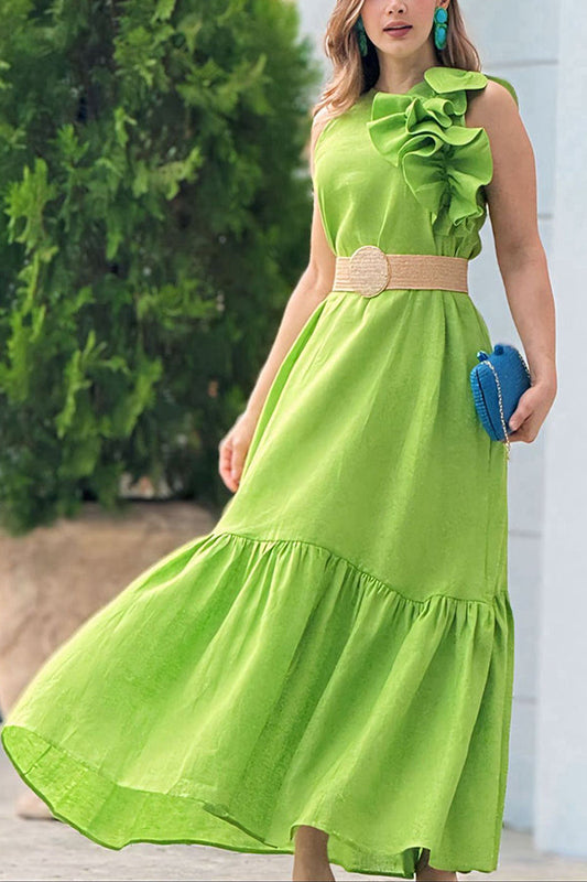 Color Sleeveless Ruffled Stitching Maxi Dress