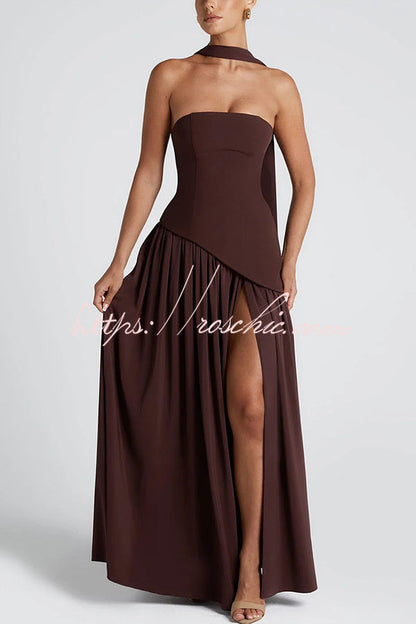 Off Shopulder Chiffon Pleated Hem Scarf Slit Maxi Dress