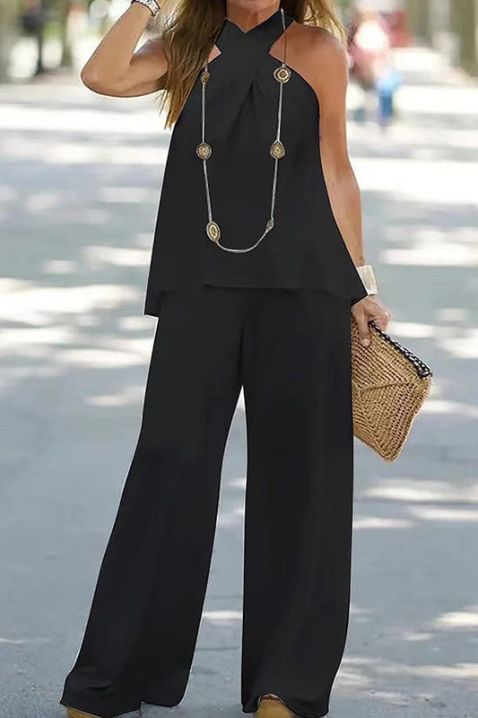 Halter Neck Color Sleeveless Wide-leg Pants Set