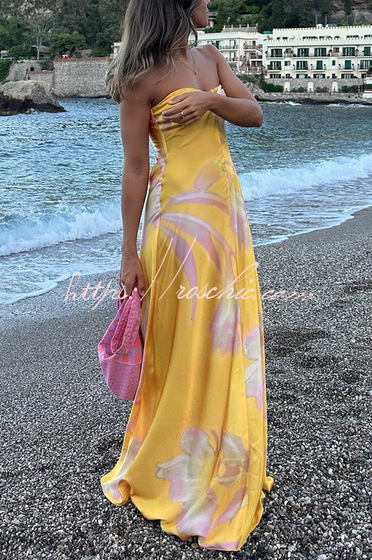 Catalina Island Satin Print Twist Bust Halter Maxi Dress