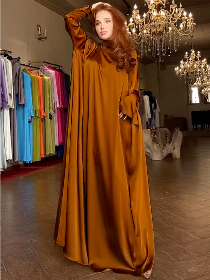 Flared Sleeves Long Sleeves Color High-neck Maxi Dresses