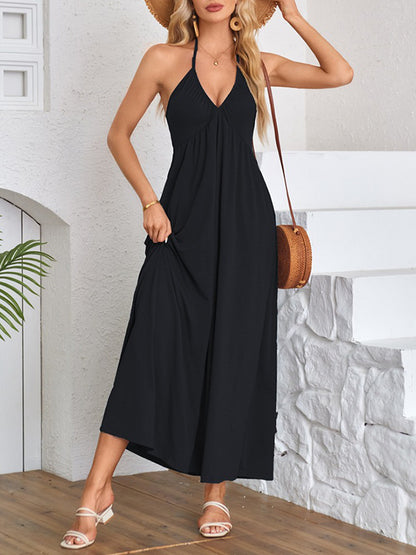 A-line Loose Pleated Color Split-joint Deep V-neck Maxi Dresses