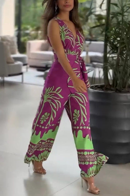 Unique Printed V-neck Sleeveless Waist Tie Jumpsuit