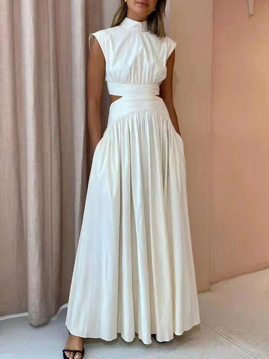 Vacation Loose Sleeveless Hollow Color Stand Collar Maxi Dresses