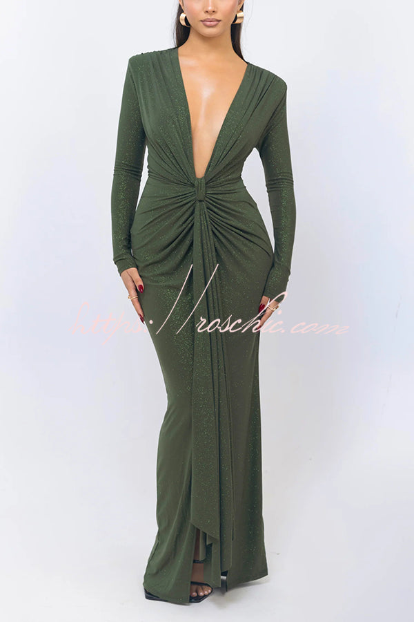 Color Shiny V-neck Long Sleeve Ribbon Slit Slim Fit Maxi Dress