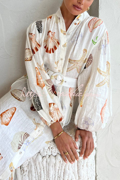 Swinton Marine Element Print Pocket Balloon Sleeve Belted Maxi Dress
