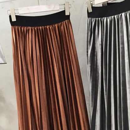 Spring Long Metallic Silver Maxi Pleated Skirt Midi Skirt High Waist Elascity Party Skirt