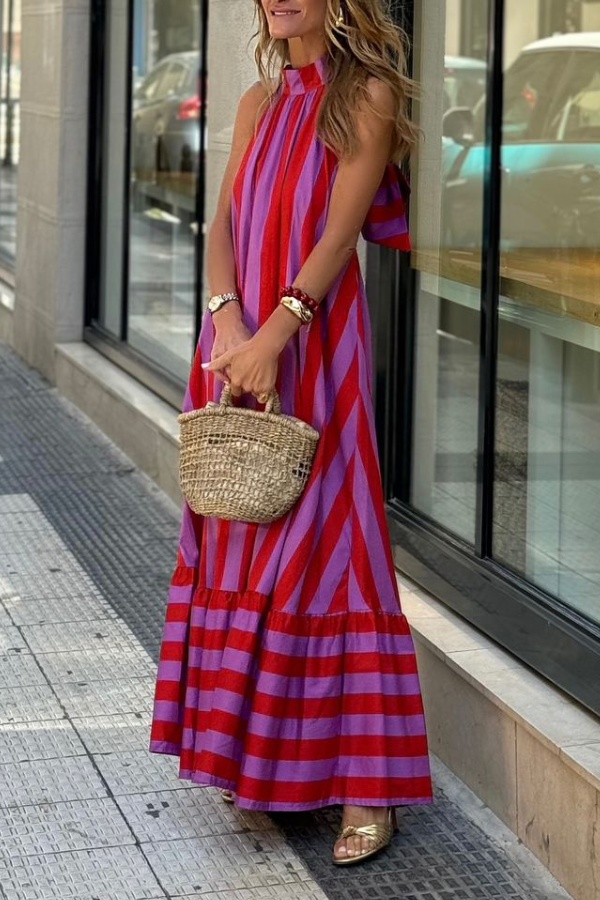 Red Striped Loose Backless Long Dress
