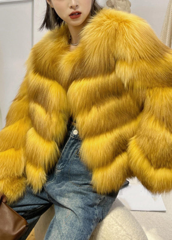 Classy Yellow Fox Collar Leather and Fur Coats Winter Wv031