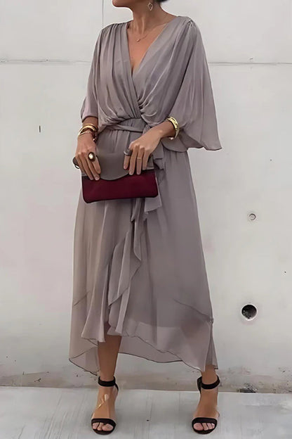 Color V-neck Bat Sleeve Lace-up Irregular Hem Midi Dress