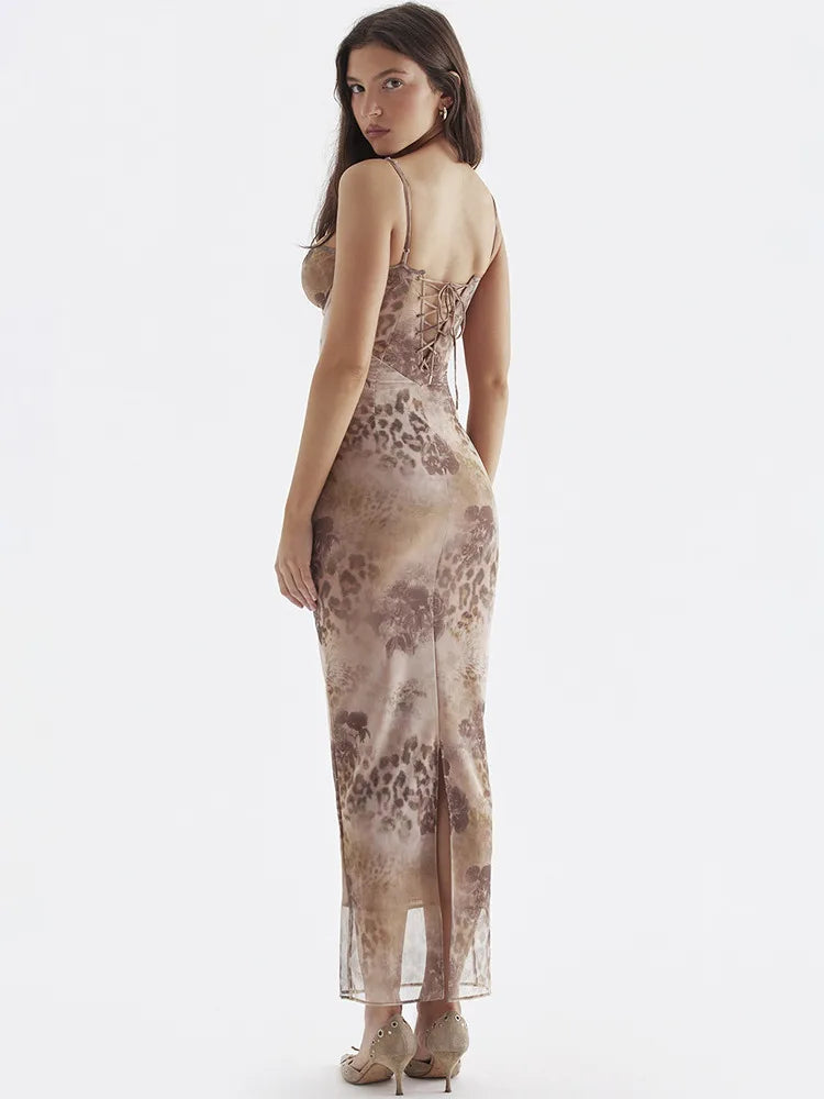 Mesh Print Maxi Dress Spaghetti Strap Sleeveless Lace-up Split Sundress Club Party Long Tank Dress
