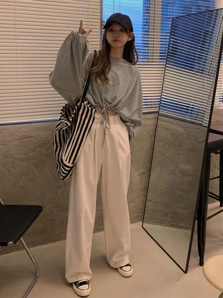 Long Sleeve T-shirts Crop Top Soft Daily Loose Slouchy Drawstring Hem O-neck Basic Femme Tees
