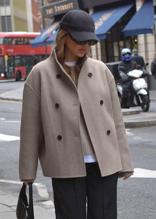Luxe Double-breasted Woolen Coat in Taupe