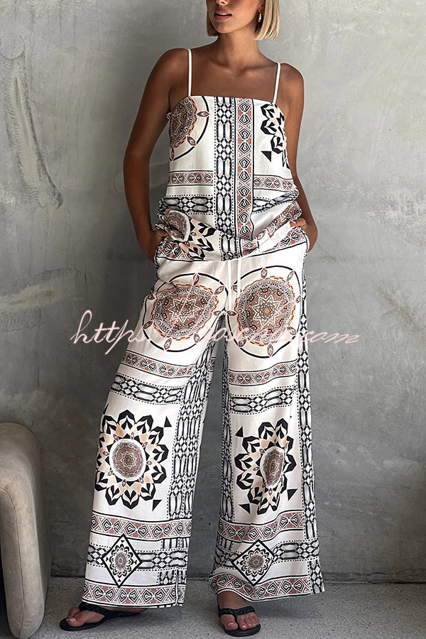 Unique Print Loose Tank Top and Elastic Waist Wide Leg Straight Pants Set