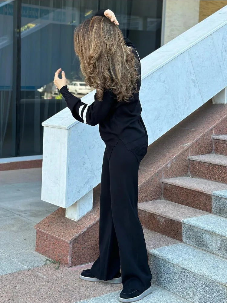 Loose 2 Piece-set Knitwear Contrast for Outwear and Wide Leg Trousers Outfits Knit ’s Pants Sets
