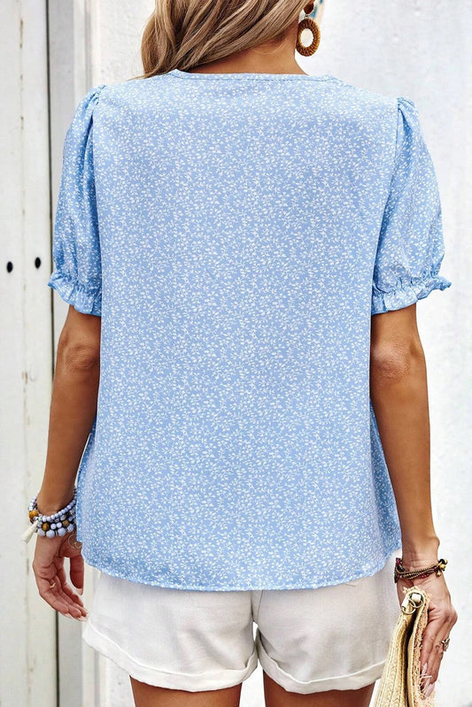 Sky Blue Embroidered Notched V Neck Puff Sleeve Blouse