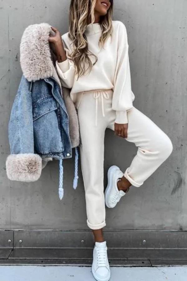 Color High Collar Pencil Pants Suits
