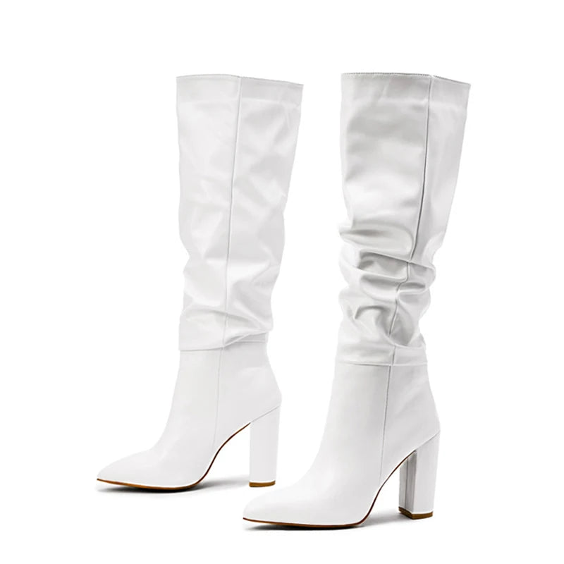 Liyke Pointed Toe Motorcycle Knee High Boots Black Pleated Leather Square High Heels Party Stripper Shoes Booties