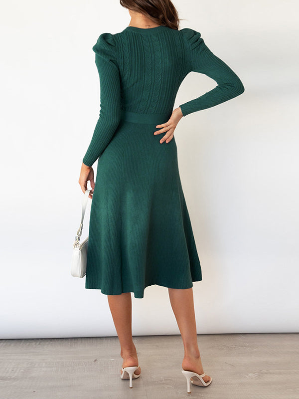 High Waisted Long Sleeves Color Tied Waist Round-neck Midi Dresses Sweater Dresses