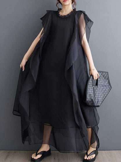 Loose Ruffle Sleeves Falbala Ruffled Color Round-neck Midi Dresses