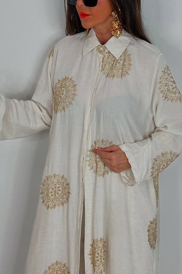 Unique Printed V-neck Long Sleeve Long Shirt and Elastic Waist Pocket Wide Leg Pants Set