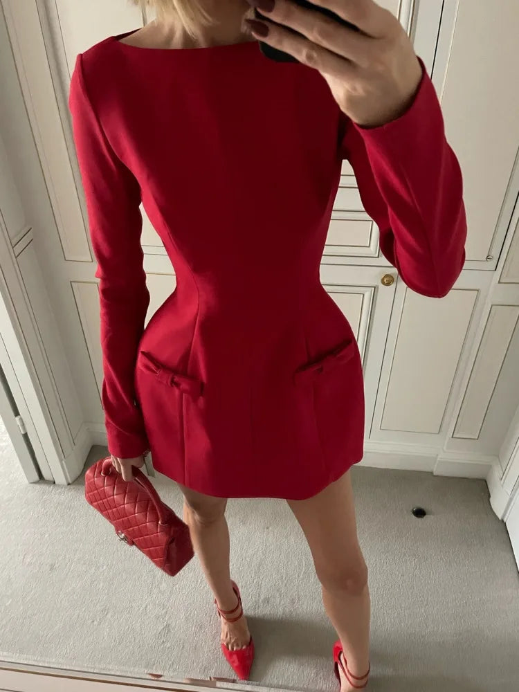 Long Sleeve Mini Dress Bow Round Neck Bodycon Female Autumn/winter New Fashionable Street Clothing