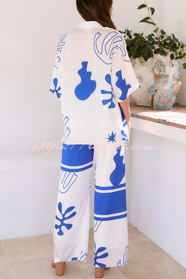 The Beach Unique Color Block Print Button Up Shirt and Elastic Waist Pants Set