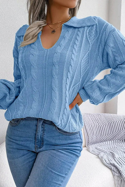 Lapel Twist Long Sleeve Knit Sweater