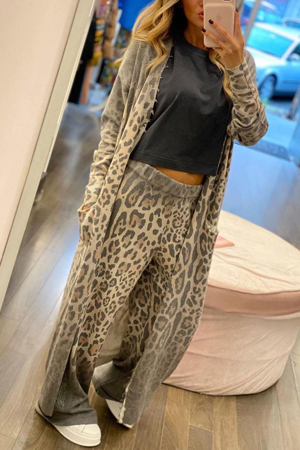 Comfort First Leopard Print Pocket Long Sleeve Cardigan Elastic Waist Pants Set