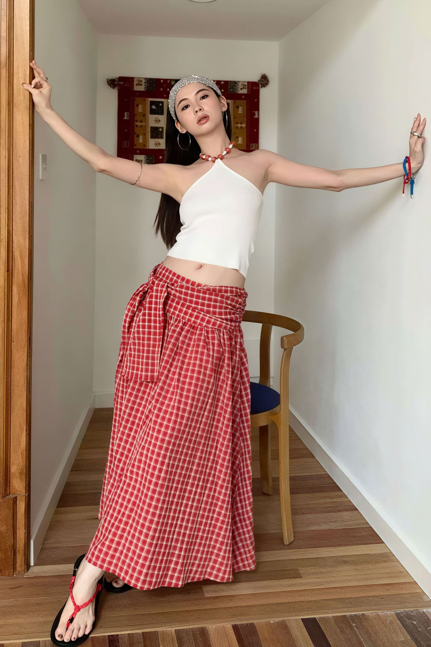 Color Block Plaid Tie Side Zip Loose Skirt