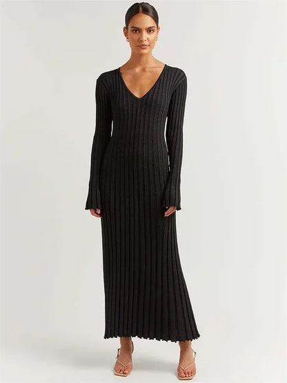 Autumn New V-neck Knit Maxi Dress Ribbed Long Sleeve High Waist Pleated Dresses Knitwear