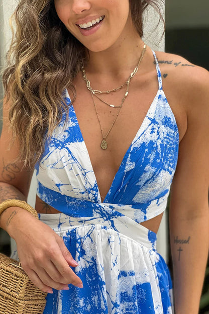White and Blue Printed Maxi Dress With Cut Outs