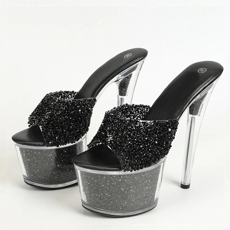 Liyke Peep Toe Party Club Strip Pole Dance Shoes – 17cm Extreme High Heels, Slipper With Sequined Transparent Platform Sandal