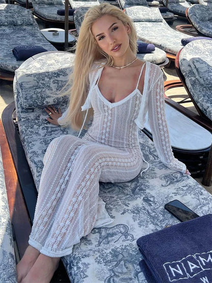 Female Hollow Out Maxi Dress V-neck Long Sleeve Split Party Dress Evening Tiered Summer Halter Dress