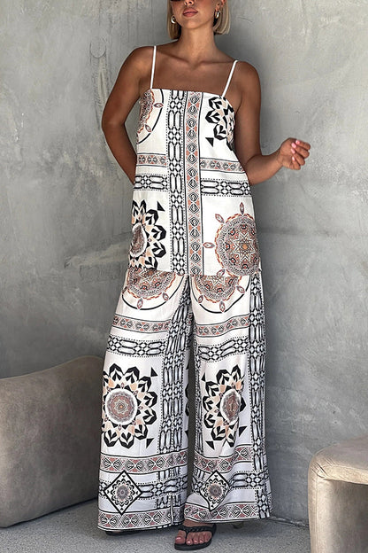 Unique Print Loose Tank Top and Elastic Waist Wide Leg Straight Pants Set