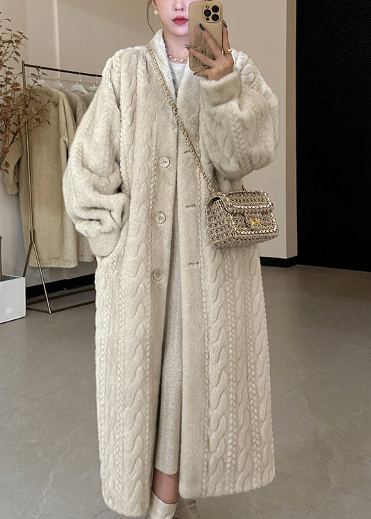 Beige V Neck Button Mink Hair Leather and Fur Long Coats Winter Wv022
