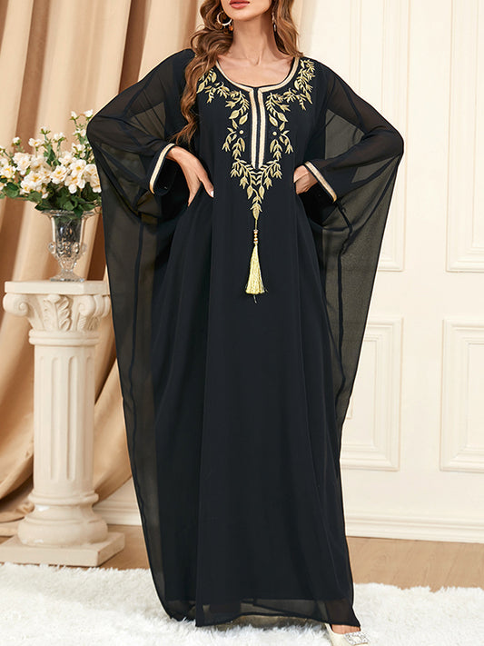 Batwing Sleeves Long Sleeves Embroidered Gauze Tasseled Round-neck Maxi Dresses