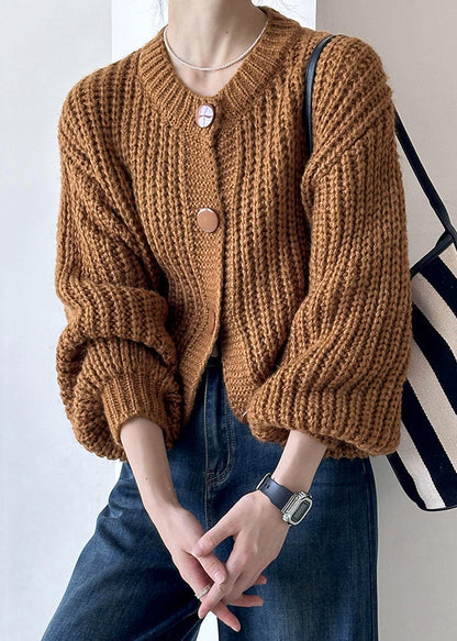 New Brown O Neck Hollow Out Cotton Knit Cardigan Fall Af1014