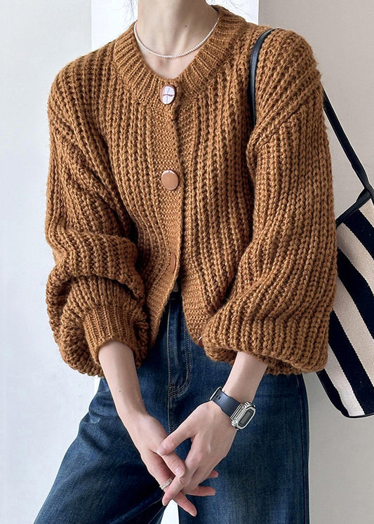 New Brown O Neck Hollow Out Cotton Knit Cardigan Fall Af1014