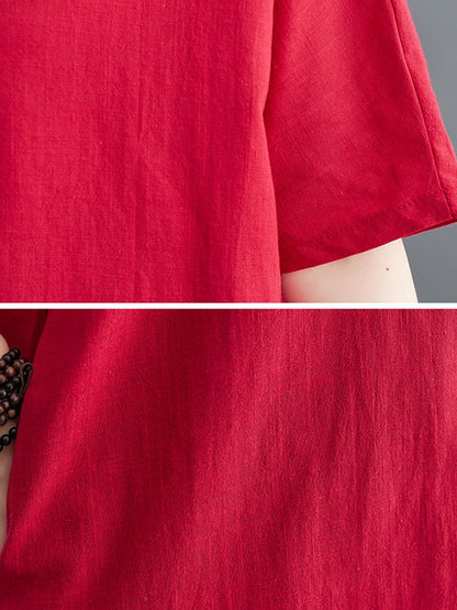 A-line Loose Chinese Frog Buttons Pockets Color Split-side V-neck Midi Dresses