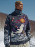 Japanese Crane & Ocean Wave Men's Knit Turtleneck Sweater elevenforest