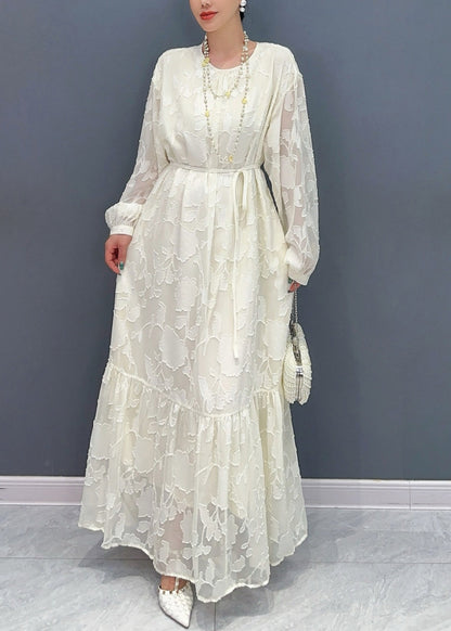 Loose White O Neck Print Tie Waist Maxi Dresses Fall Ar1036