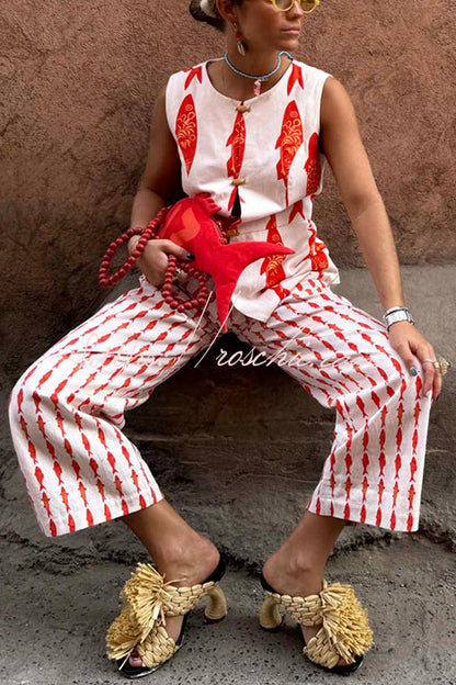 Good Luck Linen Blend Koi Pattern High Rise Elastic Waist Loose Pants